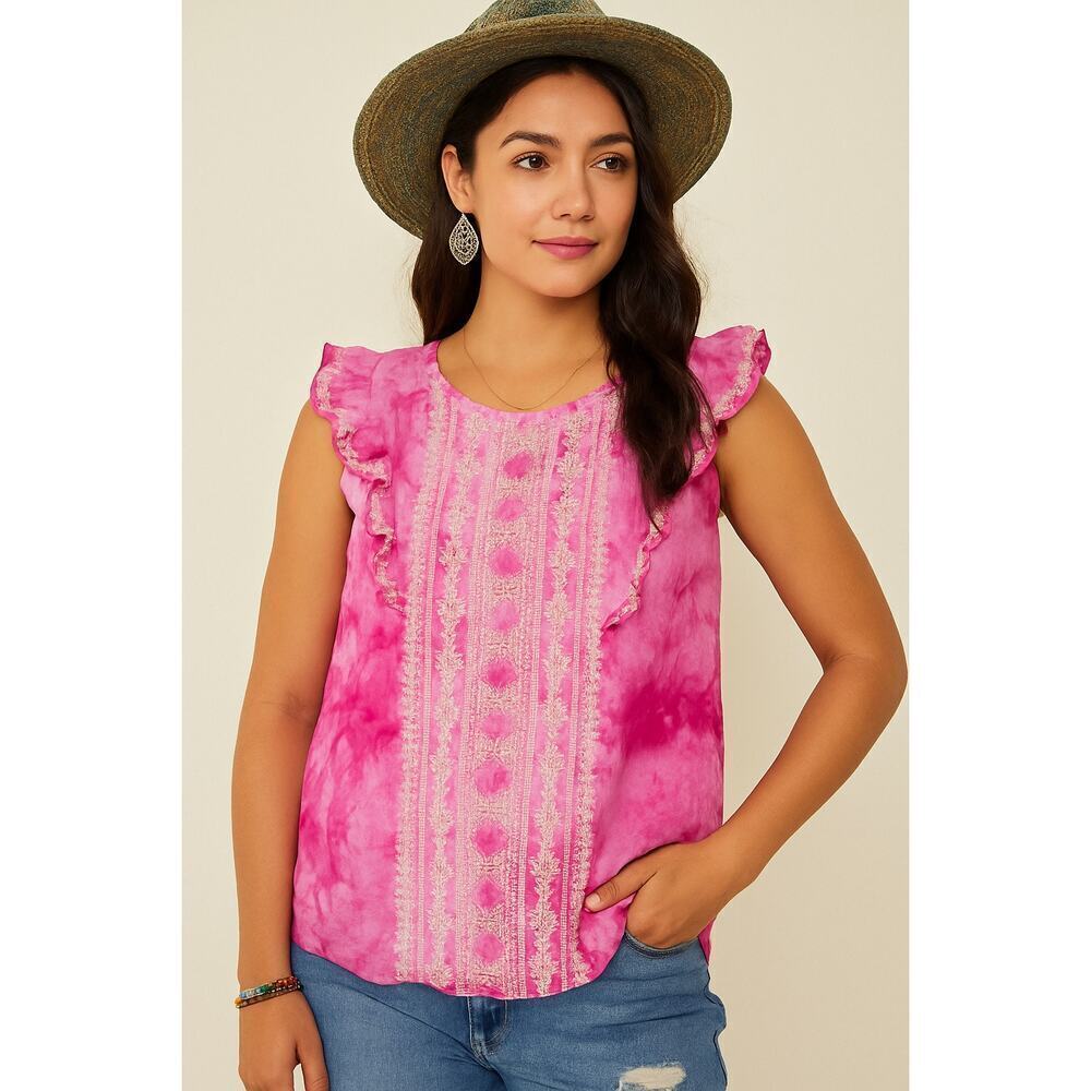 THML Pink Tie Dye Embroidered Ruffle Sleeve Blouse XS
